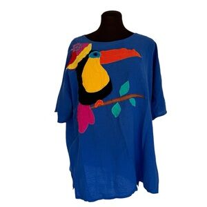 RARE VINTAGE WOMEN'S ALFREDO'S WIFE TOUCAN ART TO WEAR APPLIQUE TOP SIZE XL